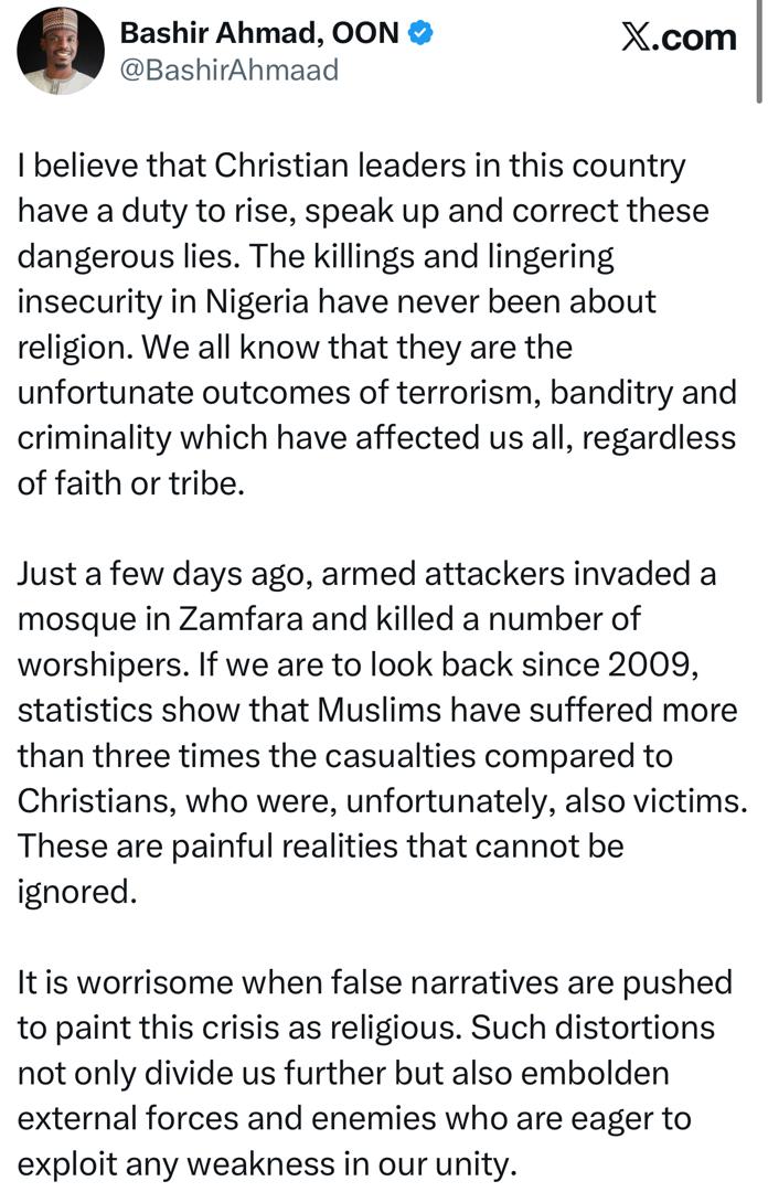 This is an outrageous lie! - Former presidential aide, Bashir Ahmad, dismisses claims of a Christian genocide in Nigeria